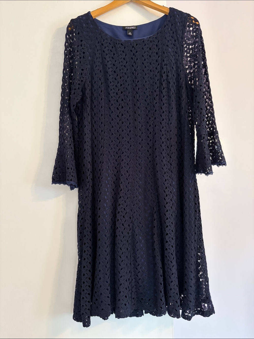 Roz & Ali Navy Crochet Swing Dress with Three-Quarter Sleeves